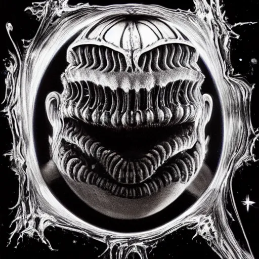 Image similar to space alienslimy, glossy, sharp teeth, by h. r. giger, and space odyssey 2 0 0 1, nightmare fuel, nightmarish, intricate, highly detailed, optical illusion, stranger things demogorgon, cave lighting, flickering