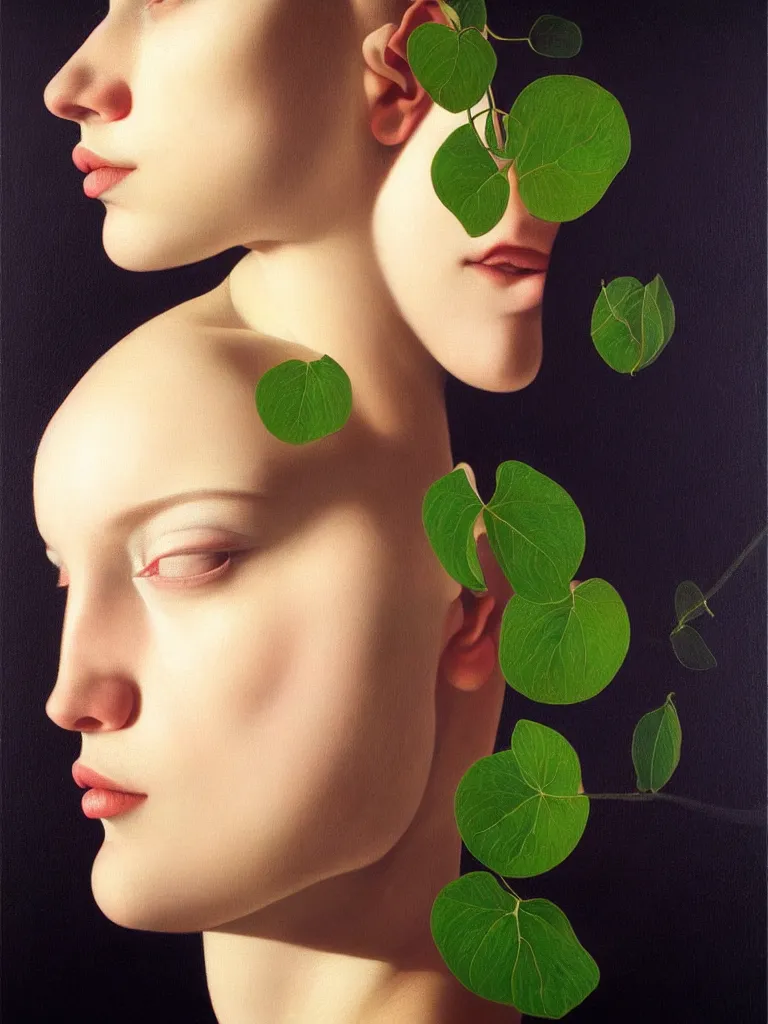 Image similar to hyperrealistic still life portrait woman's face in profile, beautiful plants, sacred geometry, light refracting through prisms in a tesseract, by caravaggio, botanical print, surrealism, vivid colors, serene, golden ratio, rule of thirds, negative space, minimalist composition, by rene magritte and greg rutkowski