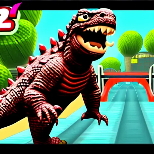 Image similar to small Godzilla running in Subway surfer, in-game shot, coherent like Dall-E 2