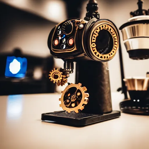 Prompt: dslr photo of a steampunk robotic coffee machine with small gears in a coffee shop,