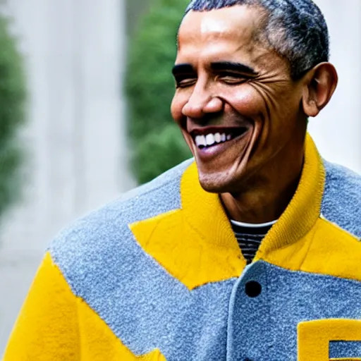 Image similar to realistic photo of casual barack obama wearing a royal blue varsity jacket with yellow sleeves