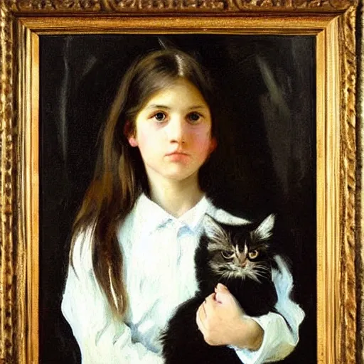 Prompt: “ dark haired girl holding a kitten, very detailed, oil painting, portrait, dark background, by john singer sargent ”