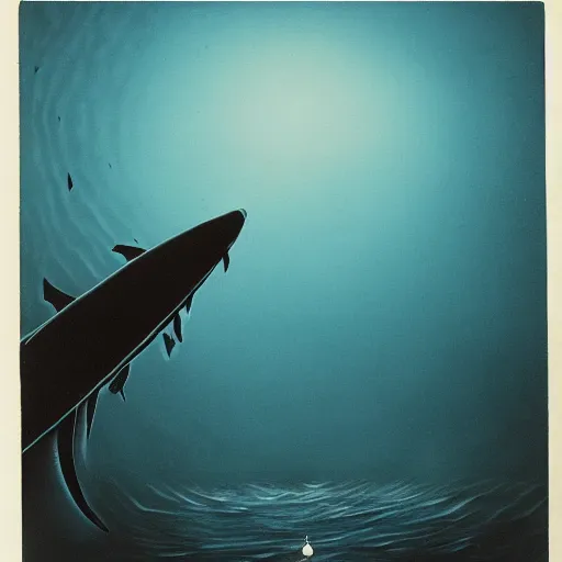 Prompt: A submarine dives alone into a dark deep sea with a sea monster behind it, dark blue landscape