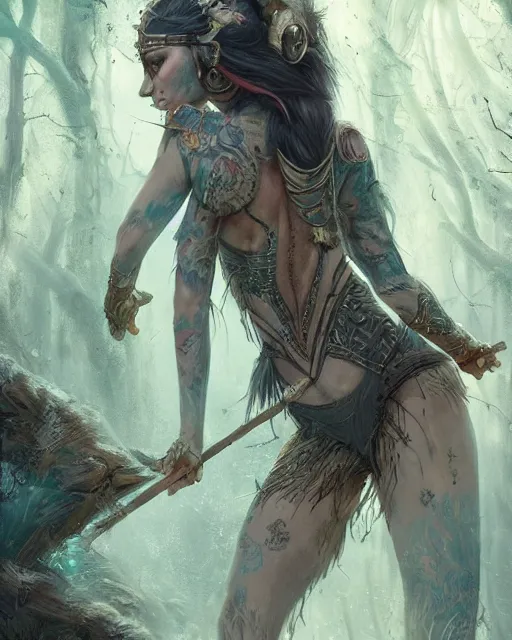 Prompt: a tattooed beautiful female warrior wearing a magical leotard in a magical forest, fantasy art, in the style of greg rutkowski, illustration, epic, fantasy, intricate, hyper detailed, artstation, concept art, smooth, sharp focus, vibrant