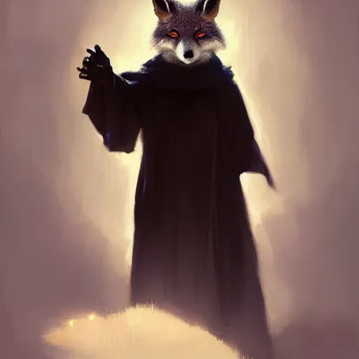 Image similar to A portrait of an anthropomorphic fox in a black robe by Greg Rutkowski, artstation, 8k, Norman Rockwell