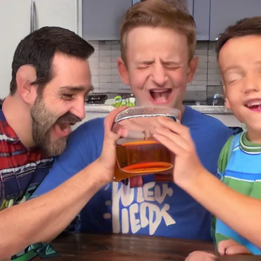 Image similar to nelk boys chugging a happy dad in real life, 8 k, 4 k uhd, realistic, hyper realistic, super detailed, very detailed, detailed