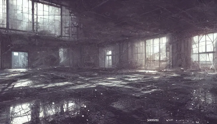 Image similar to fps view with rifle of an abandoned warehouse with cobwebs, light through broken windows, hyperdetailed, artstation, cgsociety, 8 k