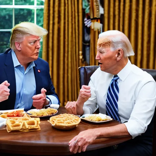 Image similar to photograph of trump and Biden sitting and eating breakfast at a Wafflehouse