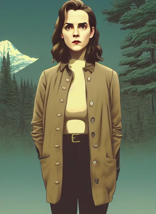 Prompt: Twin Peaks poster artwork by Michael Whelan and Tomer Hanuka, Rendering of Emma Watson possessed, full of details, by Makoto Shinkai and thomas kinkade, Matte painting, trending on artstation and unreal engine