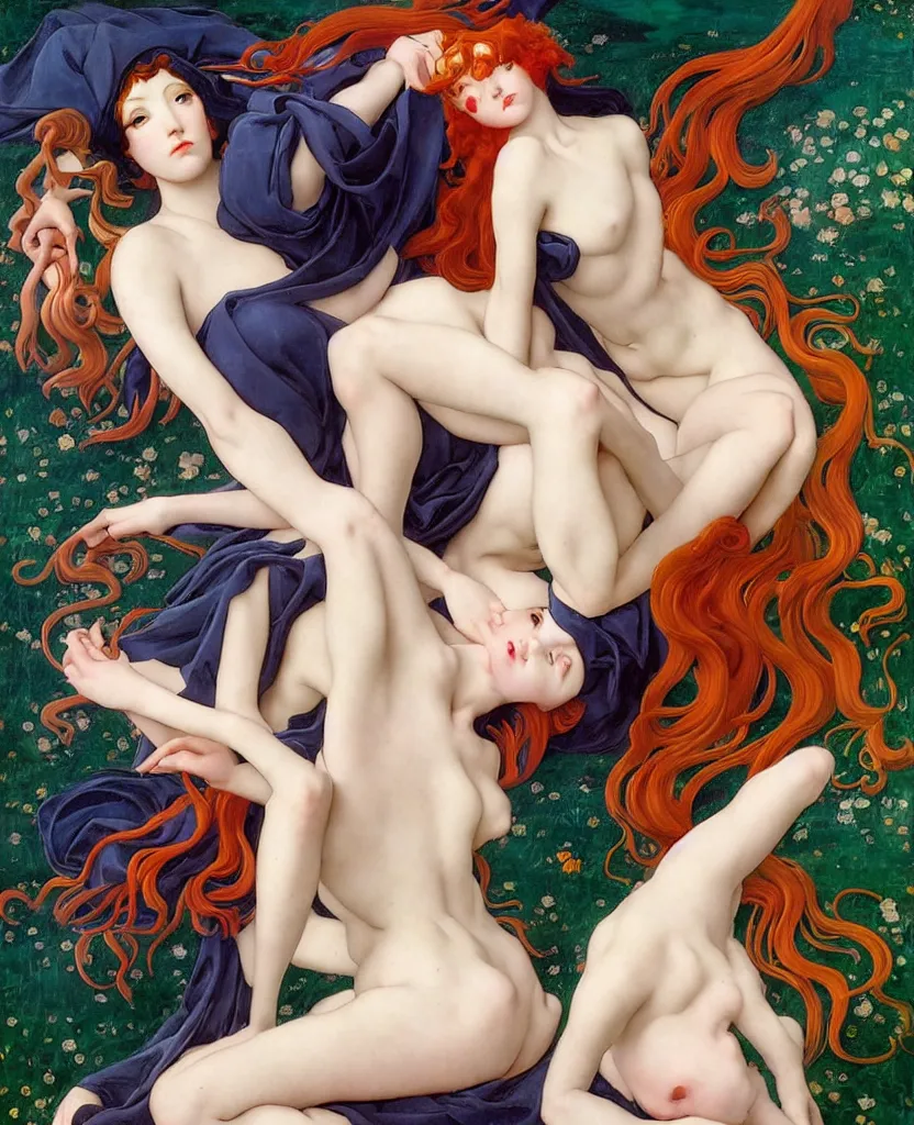 Image similar to 12 figures as 4 seasons of the year, (3 as Spring, 3 as Summer, 3 as Autumn, 3 as Winter), in a mixed style of Æon Flux, Peter Chung, Botticelli, and John Singer Sargent, inspired by pre-raphaelite paintings, shoujo manga, and cool Japanese cyberpunk street fashion, dramatic colors, jungian symbolic, magic realism, hyper detailed, super fine inking lines, dramatic color, 4K extremely photorealistic, Arnold render