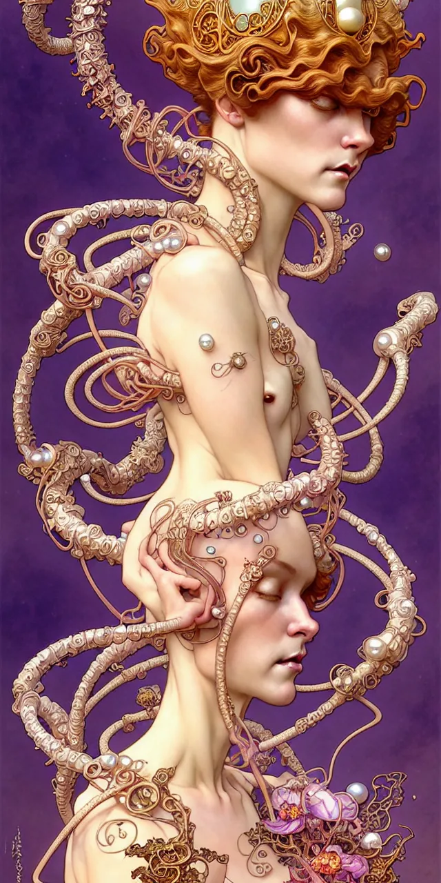 Prompt: beautiful princess art nouveau fantasy character portrait, ultra realistic, intricate details, the fifth element artifacts, highly detailed by peter mohrbacher, hajime sorayama, wayne barlowe, boris vallejo, aaron horkey, gaston bussiere, craig mullins alphonse mucha, art nouveau curves and spirals, flowers pearls jewels goldchains scattered