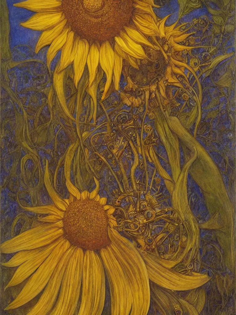 Image similar to mechanical sunflower, by annie swynnerton and diego rivera and elihu vedder, symbolist, dramatic lighting, art brut, soft cool colors, smooth, sharp focus, extremely detailed, adolf wolfli and ( donato giancola )