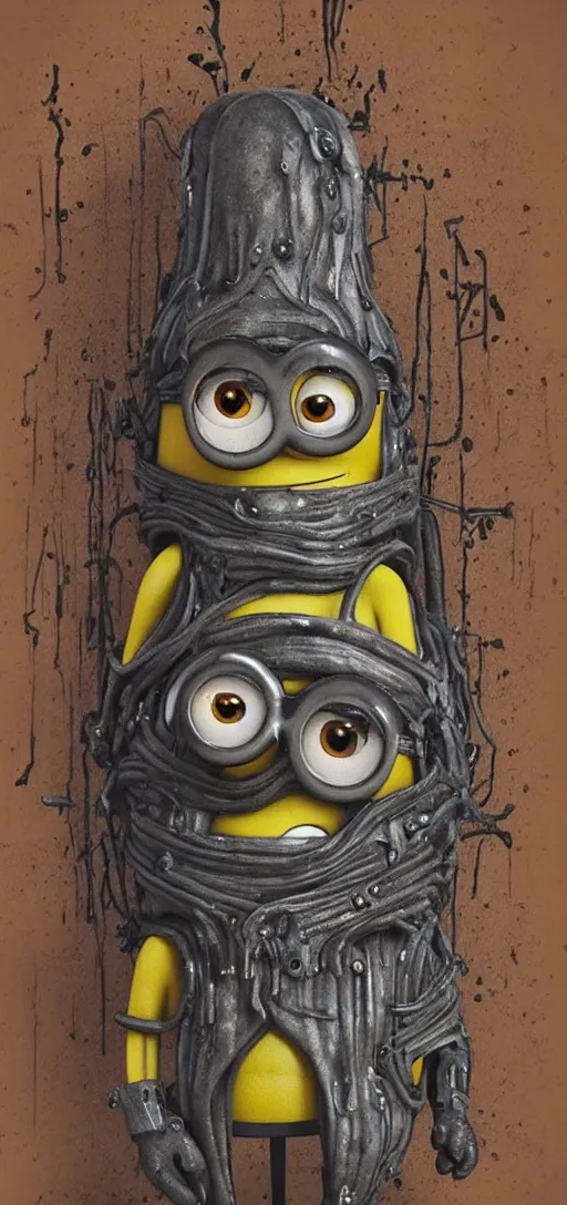 Image similar to a Minion in the style of Hr Giger