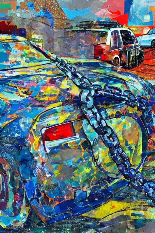 Prompt: car wash, big chain, collage, acrylic on canvas, expressionism movement, breathtaking detailed, by blake neubert