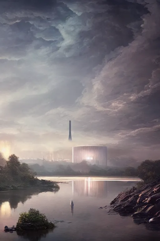 Image similar to magnificent view of a nuclear power plant standing on a hill in the middle of a river, intricate, elegant, volumetric lighting, digital painting, highly detailed, artstation, sharp focus, illustration, concept art, ruan jia, steve mccurry