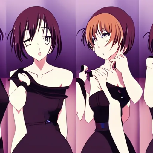 Prompt: adult woman, black dress, rooftop party, symmetrical faces and eyes symmetrical body, middle shot waist up, Kyoto animation, Wit studio anime, romantic lighting, 2D animation