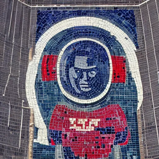 Prompt: soviet mosaic of an cosmonaut exploring deep space, on a giant wall of an apartment building, socialist, propaganda