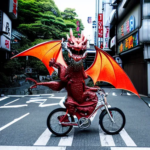 Image similar to a dragon riding a bike in the streets of tokyo