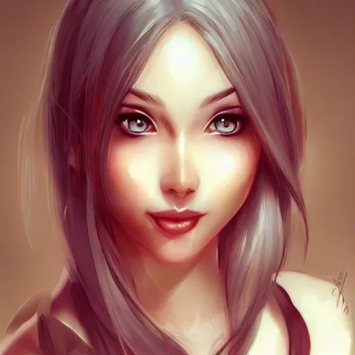 Prompt: very beautiful female, smiling, flirty, eye contact, perfect face, perfect body, drawn by artgerm