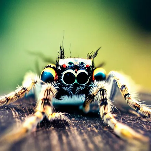 Prompt: jumping spider mixed with owl with 4 eyes and nightvision goggles, cute creature, hybrid, anamorphic lens, bokeh, kodak color film stock, macro shot