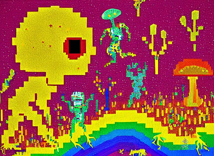 Image similar to pixel decollage painting golden armor alien zombie horseman riding on a crystal bone dragon broken rainbow diamond maggot horse in a blossoming meadow full of colorful mushrooms and golden foil toad blobs in a golden sunset, distant forest horizon, painted by Mark Rothko, Helen Frankenthaler, Danny Fox and Hilma af Klint, pixelated, neo expressionism, semi naive, pastel colors, cinematic, color field painting, cave painting, voxel, pop art look, outsider art, minimalistic. Bill Traylor painting, part by Philip Guston and Francis Bacon. art by Adrian Ghenie, very coherent symmetrical artwork, cinematic, hyper realism, high detail, octane render, unreal engine, Smooth gradients, depth of field, full body character drawing, extremely detailed, 8k, extreme detail, intricate detail, masterpiece