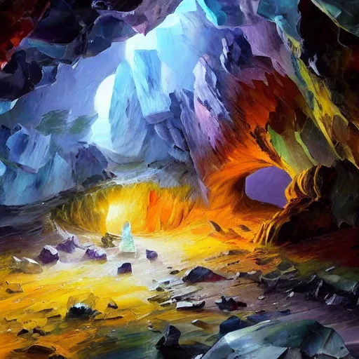 Image similar to A huge cave full of rainbow color crystals and gems on the ground, and stuck to the walls made of huge grey boulders, very dark, midnight, oil painting by Afremov and Greg Rutkowski.