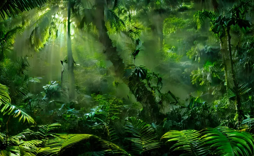 Image similar to a beautiful render of a prehistoric rainforest, lush flora, insects flying around, dark green, orange, intricate detail, god rays, hazy, humid, volumetric lighting, 8 k, photorealistic, raytracing effects, unreal engine 5