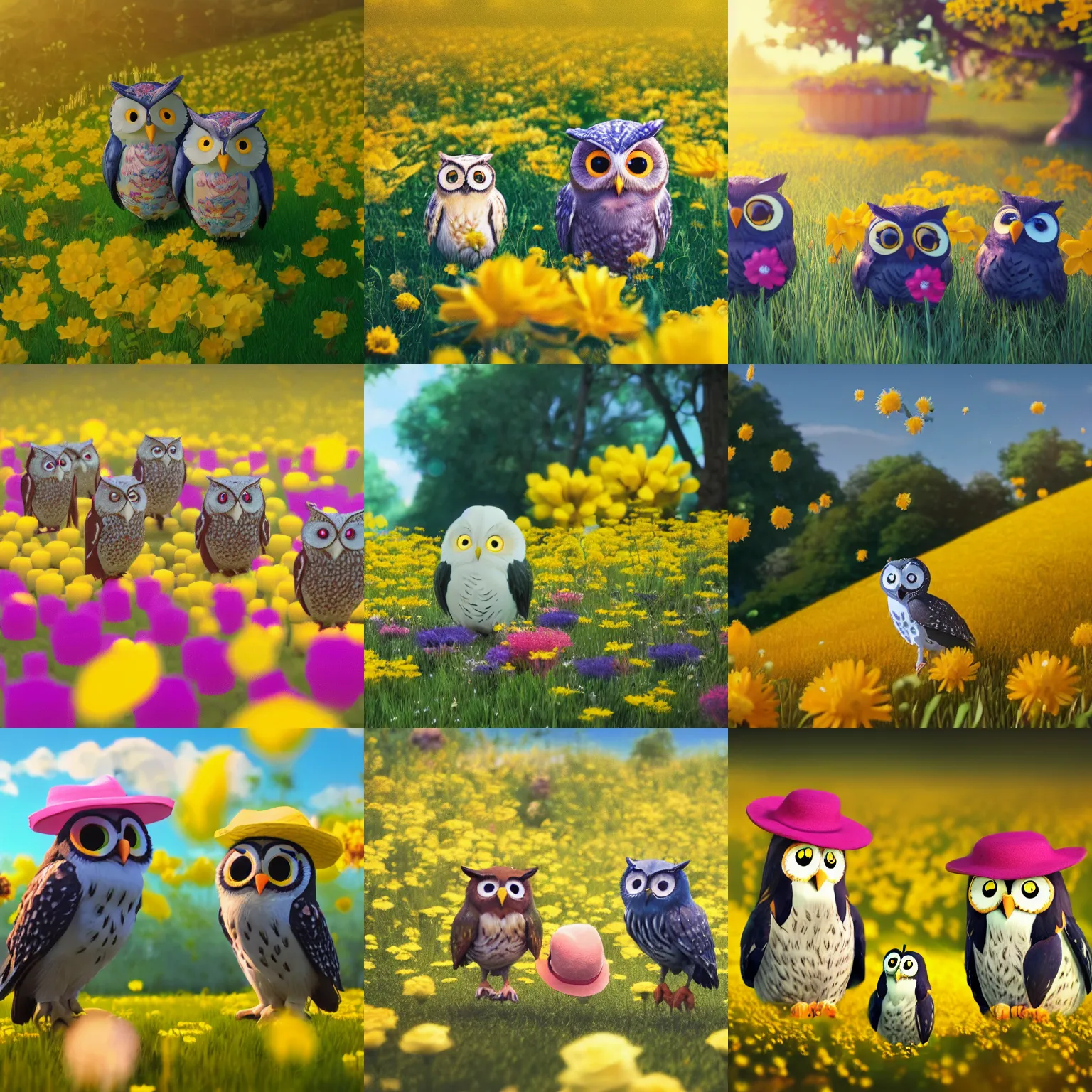 Prompt: film still of happy content cute owls wearing colorful flowers and hats, in a field full of yellow flowers, makoto shinkai, cinematic lighting, volumetric lighting, sunny, highly detailed, hand drawn, intricate, illuminated, 8k