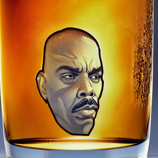 Prompt: ice - t portrait, trapped in tall iced tea glass, by alfons mucha, golden hour, realistic, body shot, sharp focus, 8 k high definition, insanely detailed, intricate, elegant, lemon