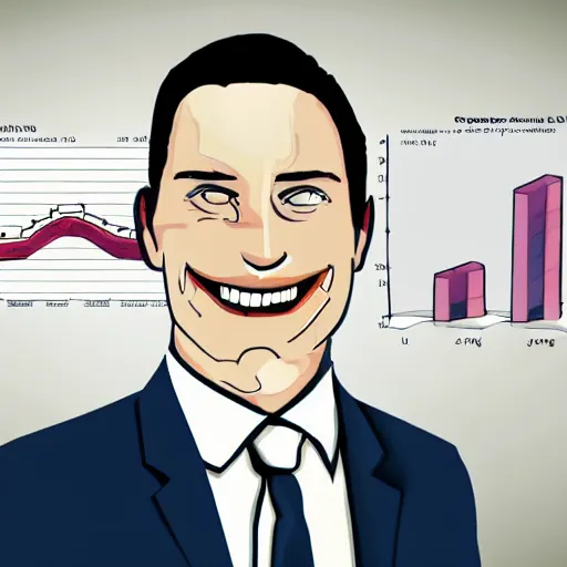 Image similar to hyperrealistic illustration cinematic hyperrealism happy businessman behind him is a statistical graph of high profits