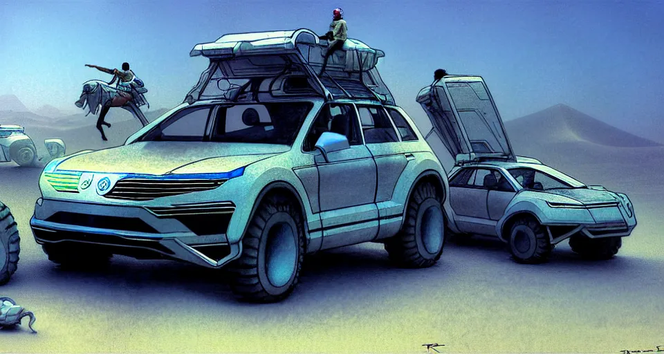 Prompt: cyberpunk touareg, by ruan jia, weldon casey, ralph mcquarrie. smooth gradients, transparent inflatable structures in akakus desert.