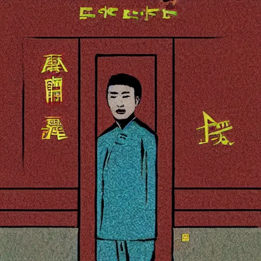 Image similar to a uyghur man in a prison, in the style of daniel johnston and outsider art, 4k, overlaid with chinese text