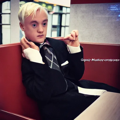 Prompt: Draco Malfoy sitting at a booth in McDonalds, McDonalds interior background, photo