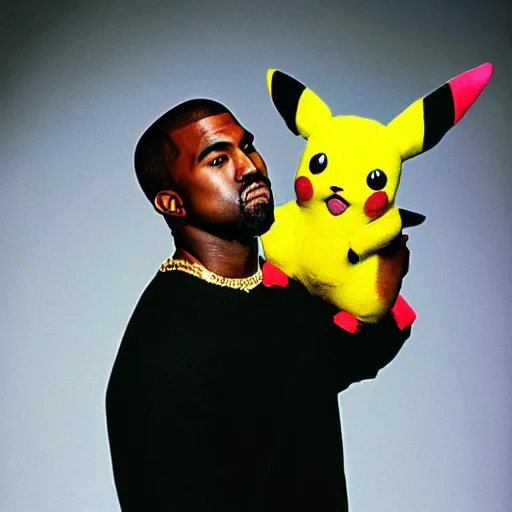 Image similar to Kanye West holding pikachu for a 1990s sitcom tv show, Studio Photograph, portrait C 12.0