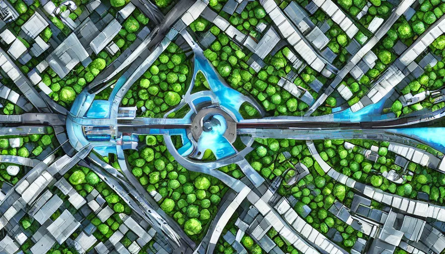 Image similar to roundabout green city with streets, blue buildings, water, highways, stadium, airport, hyperdetailed, artstation, cgsociety, 8 k