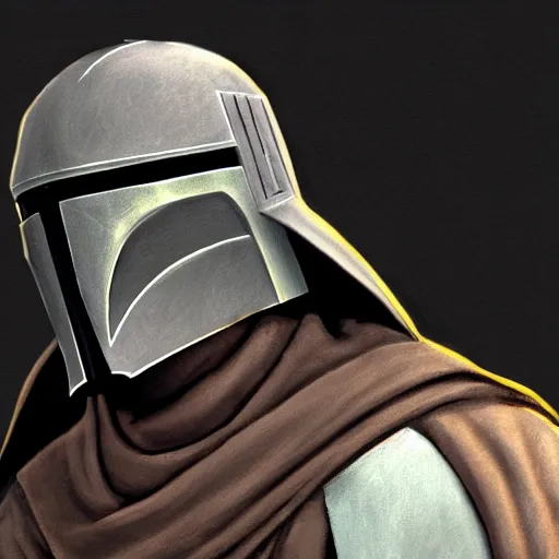 Image similar to a robed, hooded jedi knight wearing a mandalorian mask, concept art