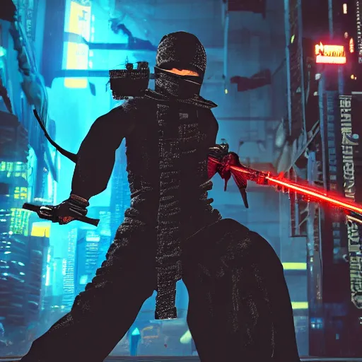 Prompt: photo of a cyberpunk ninja with weapons