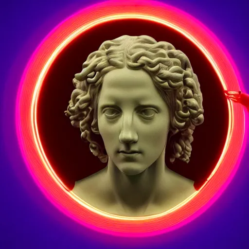 Image similar to a giant neon ring surrounding a renaissance statue head, 3 d render