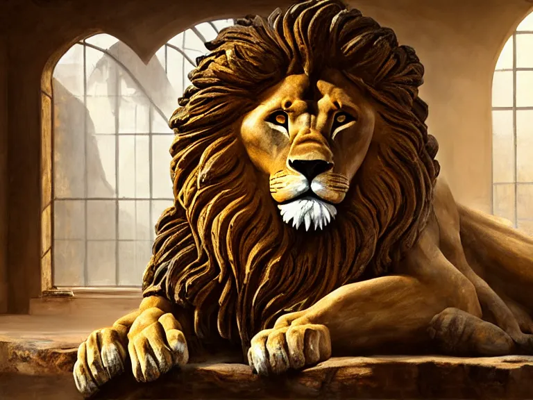 Image similar to expressive rustic oil painting, a stone workshop with in the center an impressive large statue of a lion, dust, ambient occlusion, morning, rays of light coming through windows, dim lighting, brush strokes oil painting