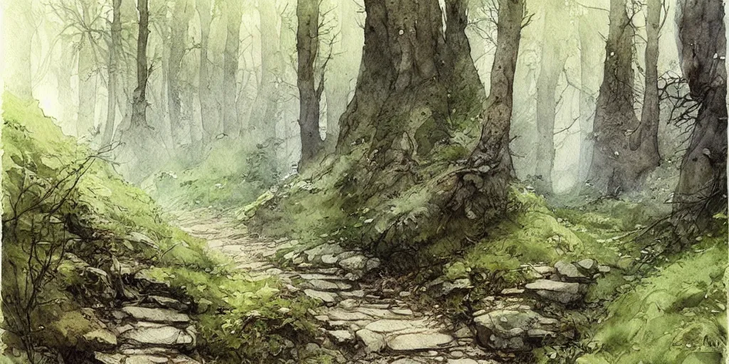 Prompt: path in the forest, leading to a dark cave entrance, exquisite masterpiece watercolor painting by jean - baptiste monge, trending on artstation