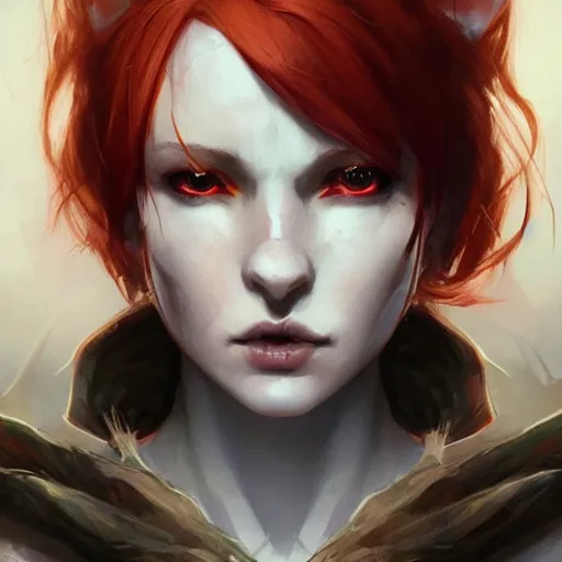 Prompt: portrait of a Short elf with grey skin, orange/red hair, elf ears, their eyes are completely yellow, they have deer like legs, and they are both masc and femme equally dramatic lighting, illustration by Greg rutkowski, yoji shinkawa, 4k, digital art, concept art, trending on artstation