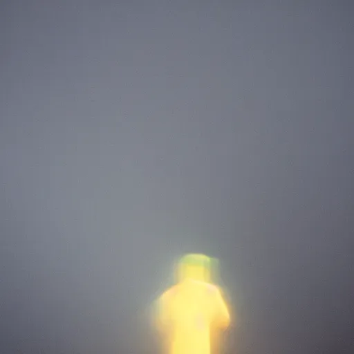 Image similar to a blurry aura glowing in a white mist, human glowing
