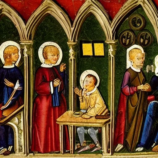 Prompt: 1 5 th century painting of people taking vitamin capsules in the church