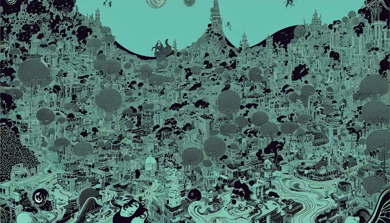 Image similar to west bengal by balmy enso, jamie hewlett, nicolas delort, moebius, victo ngai, josan gonzalez, kilian eng