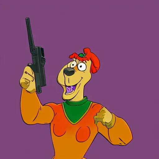 Image similar to Scooby Doo holding a gun by stephen Bliss, no text, no text, trending on artstation