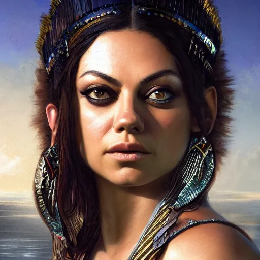 Prompt: closeup portrait of mila kunis as cleopatra, palace background, dramatic light, gorgeous view, depth, high detail, digital art, painted by seb mckinnon and greg rutkowski, trending on artstation