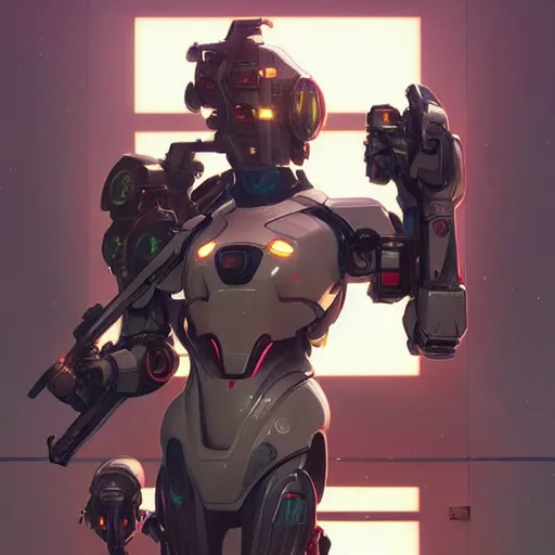 Prompt: symmetry! futuristic robot, mech armed and dangerous, apex legends, epic lighting, epic pose, illustration, highly detailed, art by artgerm and greg rutkowski and alphonse mucha