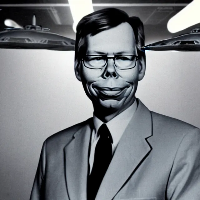 Image similar to a photo of bob lazar with a hangar full of flying saucers at area 5 1, detailed symmetrical face, photorealistic, highly detailed