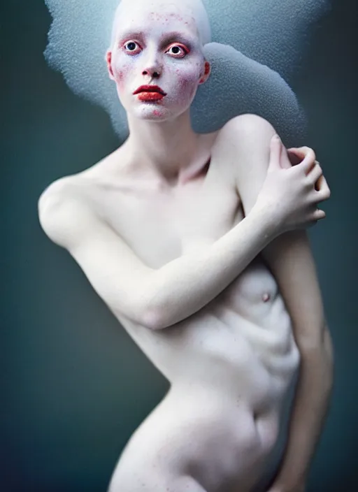 Image similar to cinestill 5 0 d photo portrait of a beautiful woman in style of tim walker by roberto ferri, body skin aggressive weird marble, hair is intricate floating liquid metal, 1 5 0 mm lens, f 1. 2, sharp focus, ethereal, emotionally evoking, head in focus, bokeh volumetric lighting, tonal colors outdoor