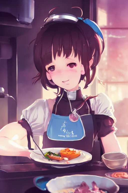 Image similar to a cute android maid girl cooking breakfast, character art portrait, anime key visual, official media, illustrated by wlop, extremely detailed, 8 k, trending on artstation, cinematic lighting, beautiful,